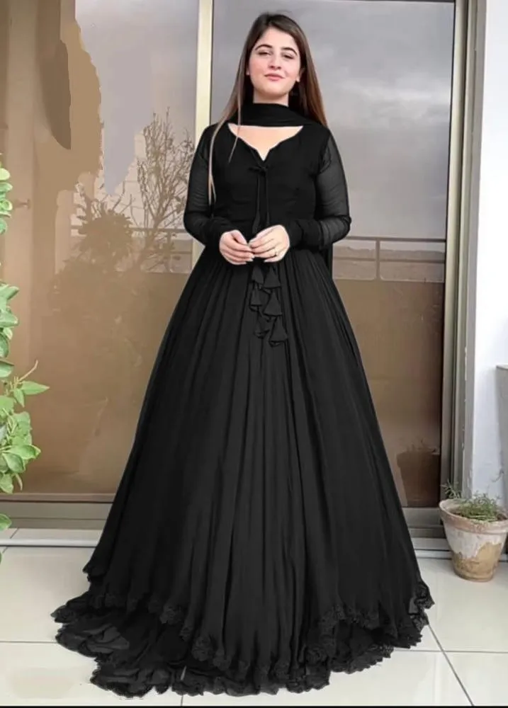 3 Pcs Women Chiffon Plain Maxi Dress – Ready to Wear Elegant Suit