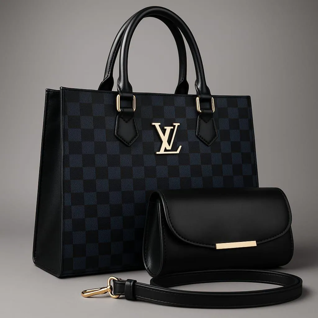 Women's PU Leather Handbag Set with Pouch – Stylish Textured Design (Black)