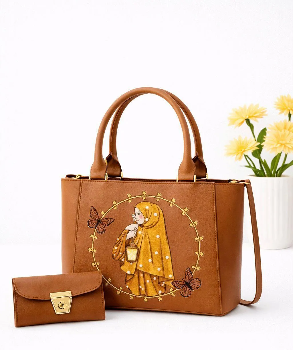 Girls Mustard Handbag Set – 2 Pcs with Hijabi Girl Print | ZentorPK