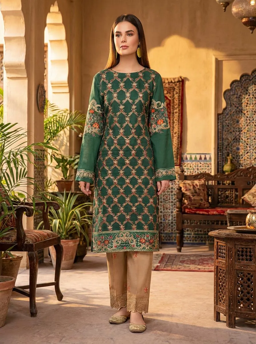 Branded Embroidered 2-Piece Unstitched Linen Suit – Maria B. Style | Green | Wholesale Price